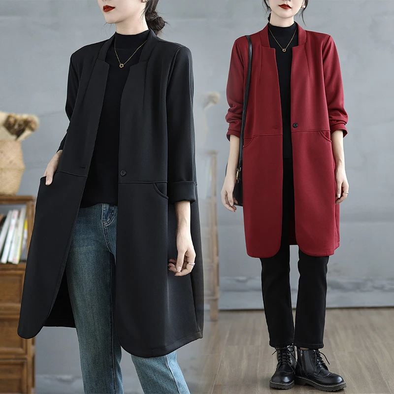 

Длинное пальто большого размера для похудения, осеннее брендовое женское модное повседневное пальто с воротником, универсальное винтажное пальто для поездок на работу