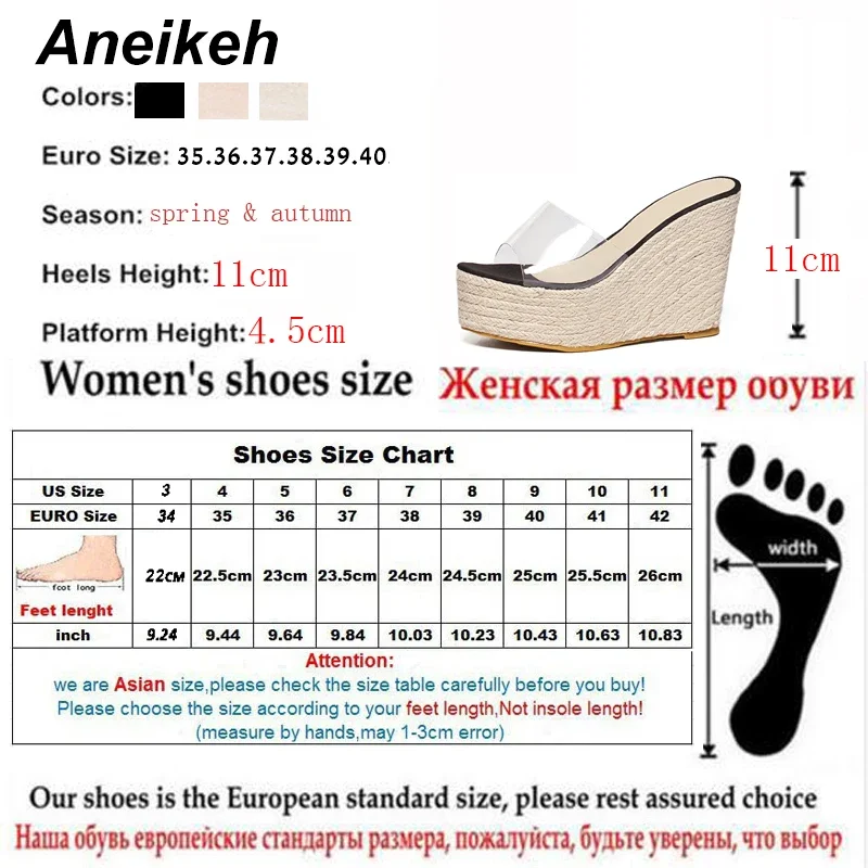 Aneikeh Fashion Summer Women\'s PVC Transparent Slippers Solid Platform Wedges Heels Office Shoes Size 34-40