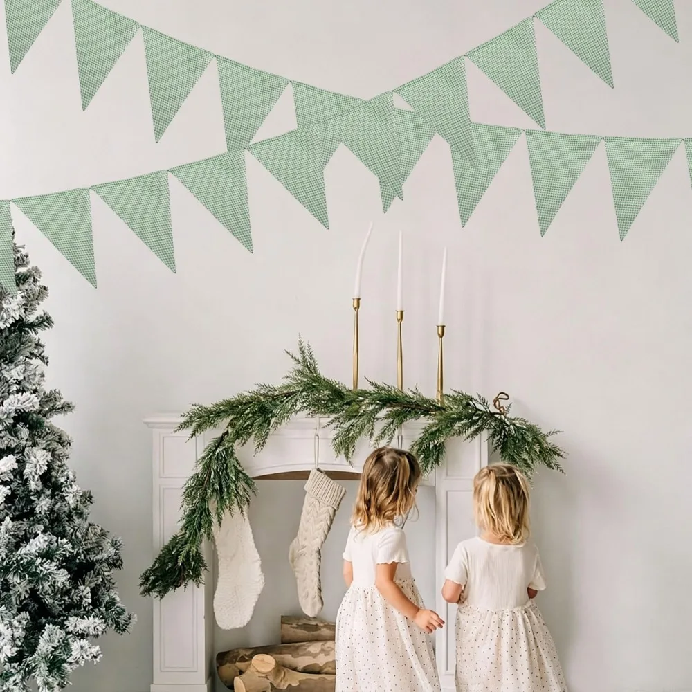 Sage Green White Fine Plaid Fabic Triangle Banner Flags Gingham Bunting Picnic Garden Christmas Home Birthday Party Decorations view 4