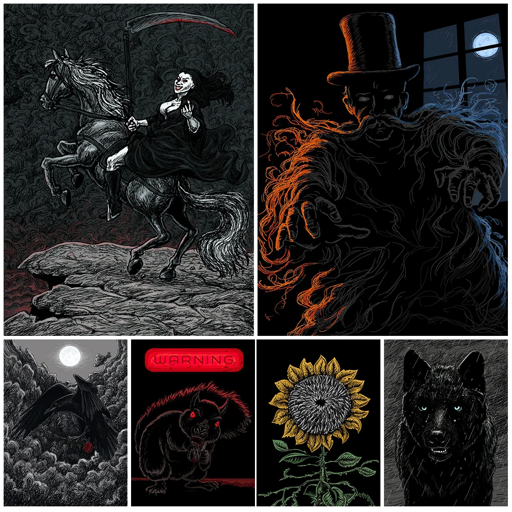 Squirrel Warning And Terror Sunflower Vintage Wall Art Canvas Painting Werewolves,Ghosts,Witches Gothic Horror Art Poster Decor