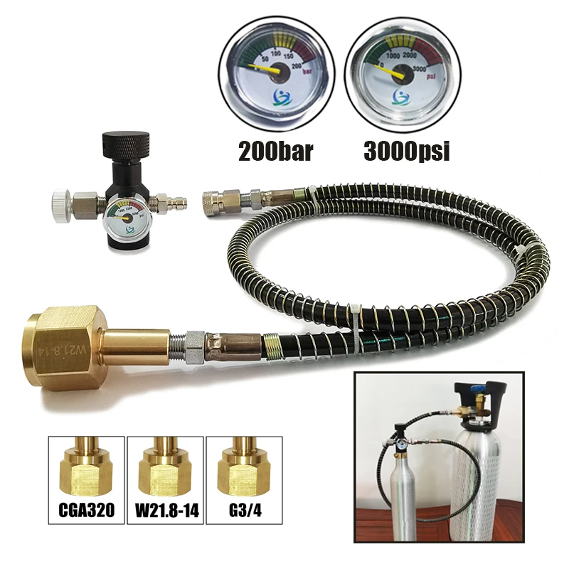 

Soda Co2 Cylinder Tank Air Connect (TR21-4 Thread Type) Refill Adaptor With Hose Gauge Kit W21.8-14 G3/4 CGA320 Connector