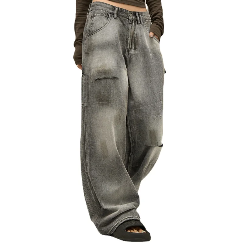 Wasteland Style Pants Women Avant-Garde Autumn American Retro Distressed Gray Men's Design Wide Leg Jeans Trousers