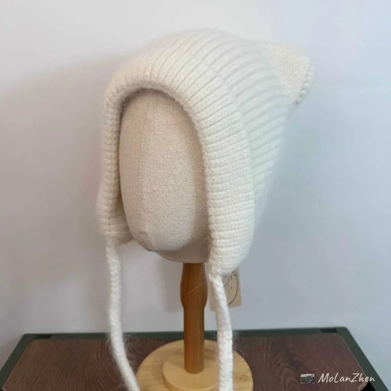 

Милые вязаные шапки с медвежьими ушками для женщин, толстые и теплые шапочки Skullies, модная и универсальная защитная шапка на шнуровке для ушей