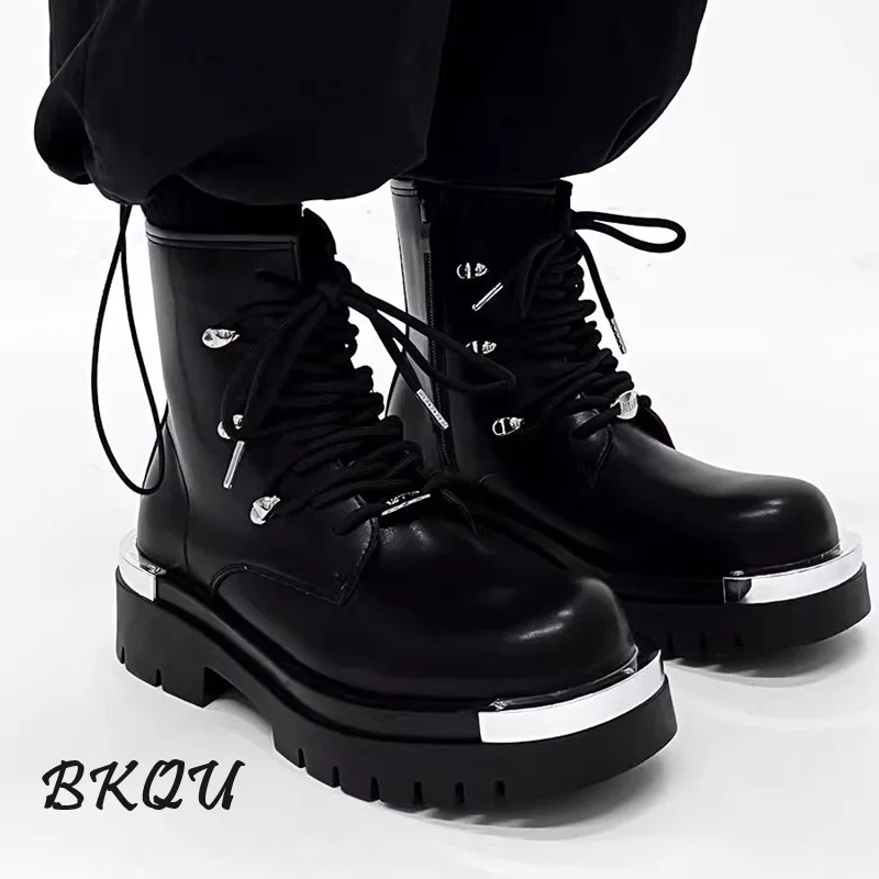 BKQU 2024 New Big Head Platform Boots for Men in The United Kingdom Increase Tooling High-top Motorcycle Derby Shoes Punk