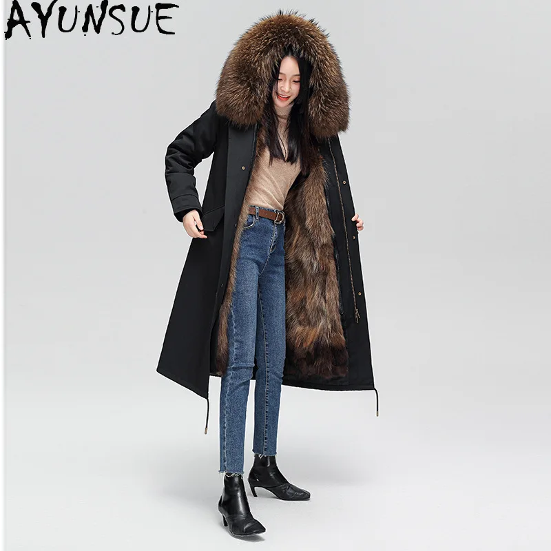 AYUNSUE Cappotto di Pelliccia Reale Delle Donne Vera Pelliccia di Volpe Parka da donna Fodera Staccabile 2025 Abiti Invernali Caldo Collo di Pelliccia di Procione Шуба Ж Dön......