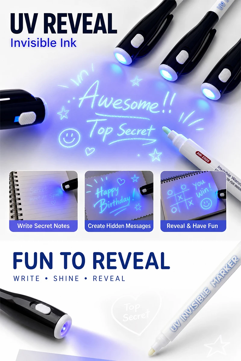 12 Stück UV-Licht unsichtbare Marker, verschwindende Tinte, Schreibstift, verstecktes Notizwerkzeug, Kunst, Kreation, DIY, Basteln, universelles Bürobedarf – Detail 3