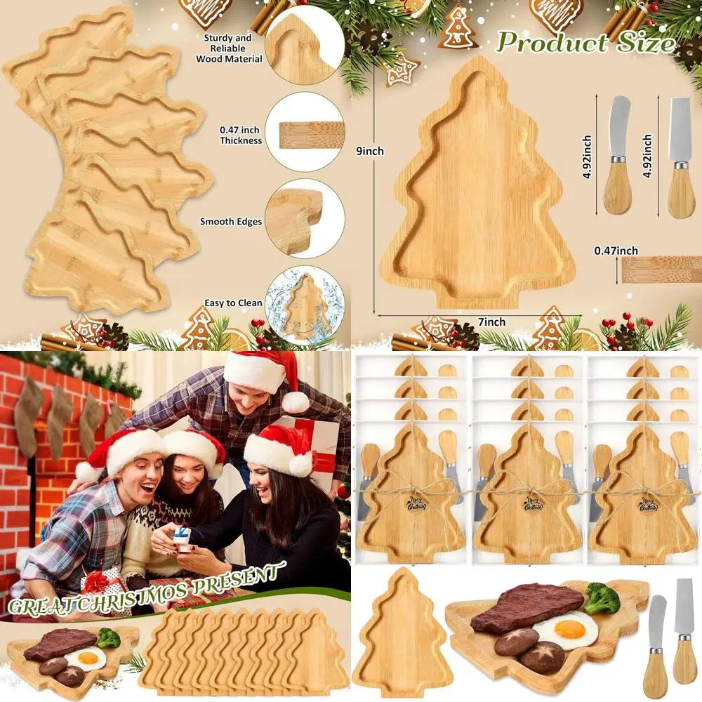 

Bamboo Wood Christmas Tree Cutting Boards Set with Cheese Knives, Perfect for Holiday Parties and Kitchen Use