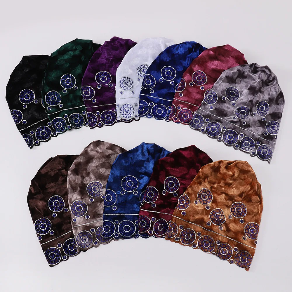 

Бархатный тюрбан со стразами, нижний шарф, шапочка, костяная повязка на голову, женская химиотерапевтическая шапка, мусульманский хиджаб, внутренняя шапка от выпадения волос, тюрбан Mujer