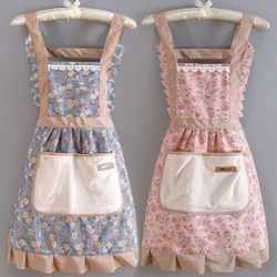 Print Apron For Women Lace Pretty Cleaning Apron With Hand Wipe Big Pocket Female Breathable Thin Kitchen Cooking Aprons Fashion