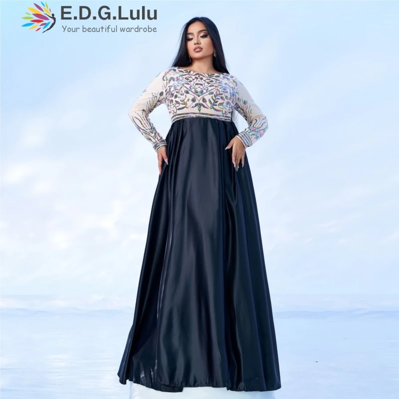 EDGLuLu Print Sequins Spliced Black Plus Size Women Clothing Dresses Elegant Loose Plus Size Party Long Evening Gown 1202