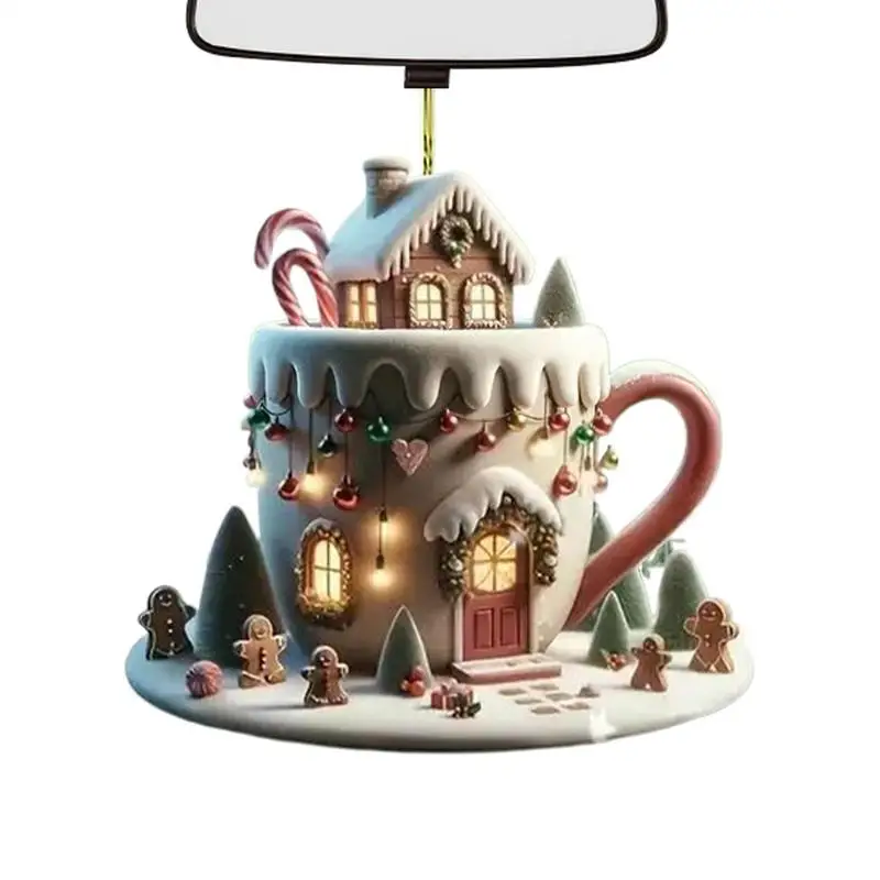 Coffee Cup Christmas Ornament Acrylic Coffee Cup Snow House Car Pendant Delicate Exquisite Home Car Hangings For Festival party