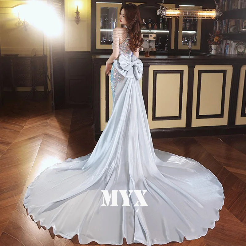 BlingBling Mermaid Evening Dress Luxurious Halter Neck Beaded Tassel Sleeves Bridal Wedding Dresses Bow Big Trailing Party Gown