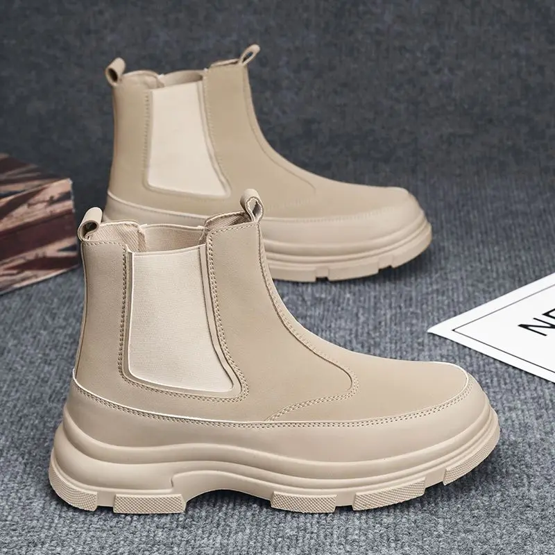 2026 Men British Chelsea Boots Mid Calf Fleece Lined Leather Shoes Autumn Winter Warm Ankle Boots Black