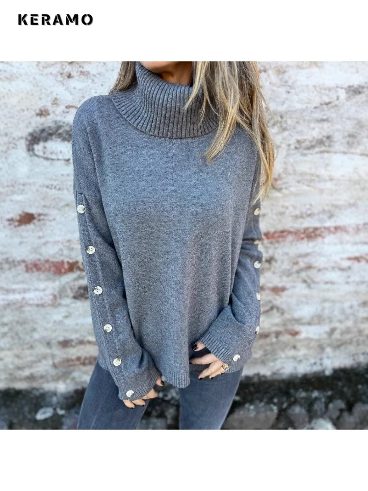 

Women's Casual Vintage Knitted Long Sleeve Turtleneck Pullovers 2025 Winter Fashion Round Neck Grey Loose Fit Sweater Top