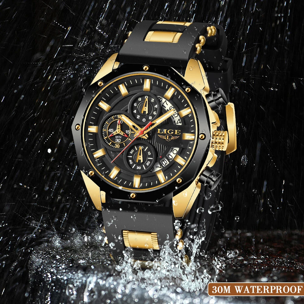 LIGE лучший бренд мужские часы роскошные спортивные силиконовые кварцевые наручные часы водостойкие светящиеся часы с хронографом для мужчин часы с датой