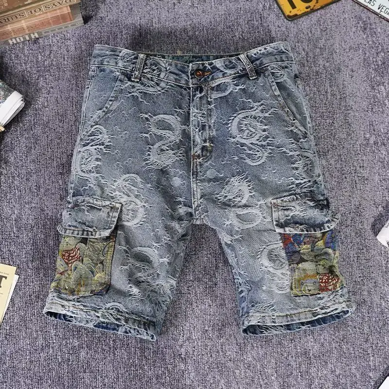 

Новые летние мужские брюки-шорты с вышивкой, повседневные, тонкие, модные, пляжные, свободного прямого кроя, из полиэстера, джинсовые
