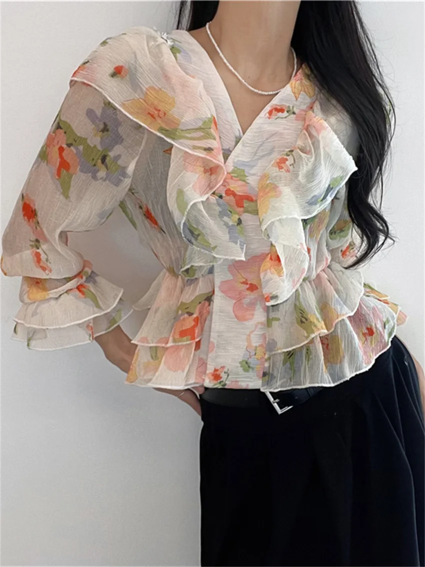 

Alien Kitty Autumn Chiffon Blouses Florals Elegant Flare Sleeve 2023 Chic New Slim Ruffles Daily Office Wear Lady Casual Blusas