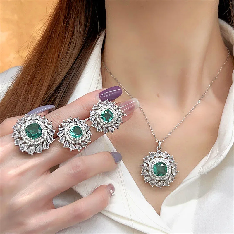 Temperament Retro Green Zirconia Adjustable Ring/Necklace/Earrings Jewelry Sets for Women\'s Birthday Party Luxury Accessories