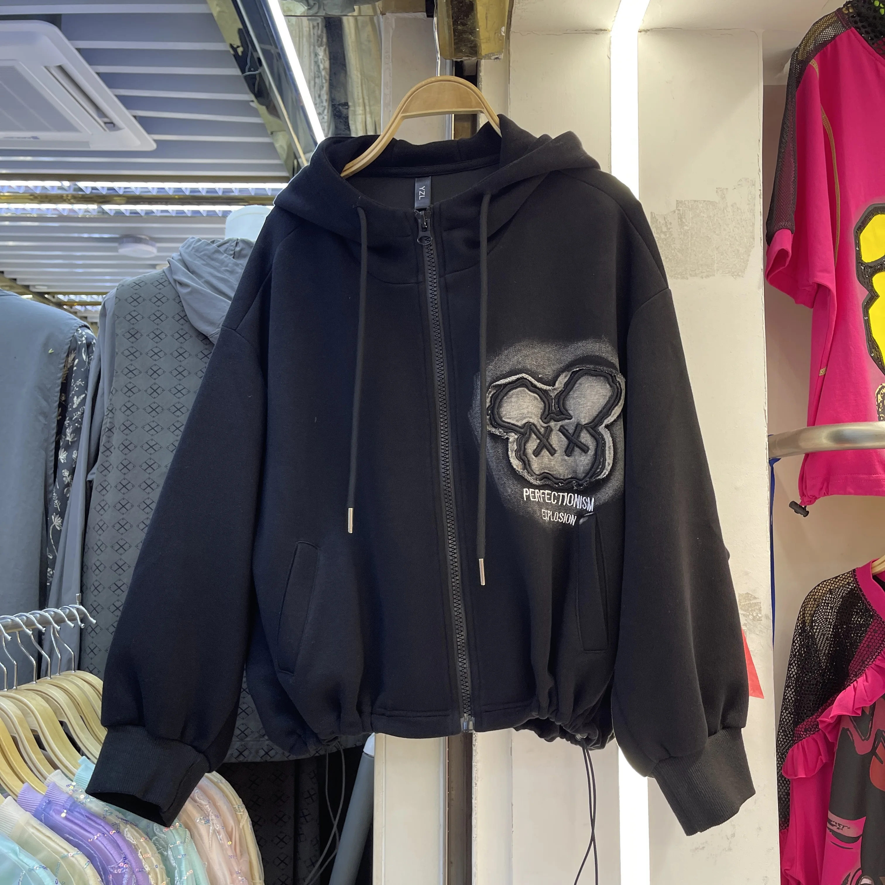 European Fashion Cartoon Bear Hoodie for Women 2025 Autumn Winter Mid-Length Letter Zip Up Black Sweatshirt Trendy Coat