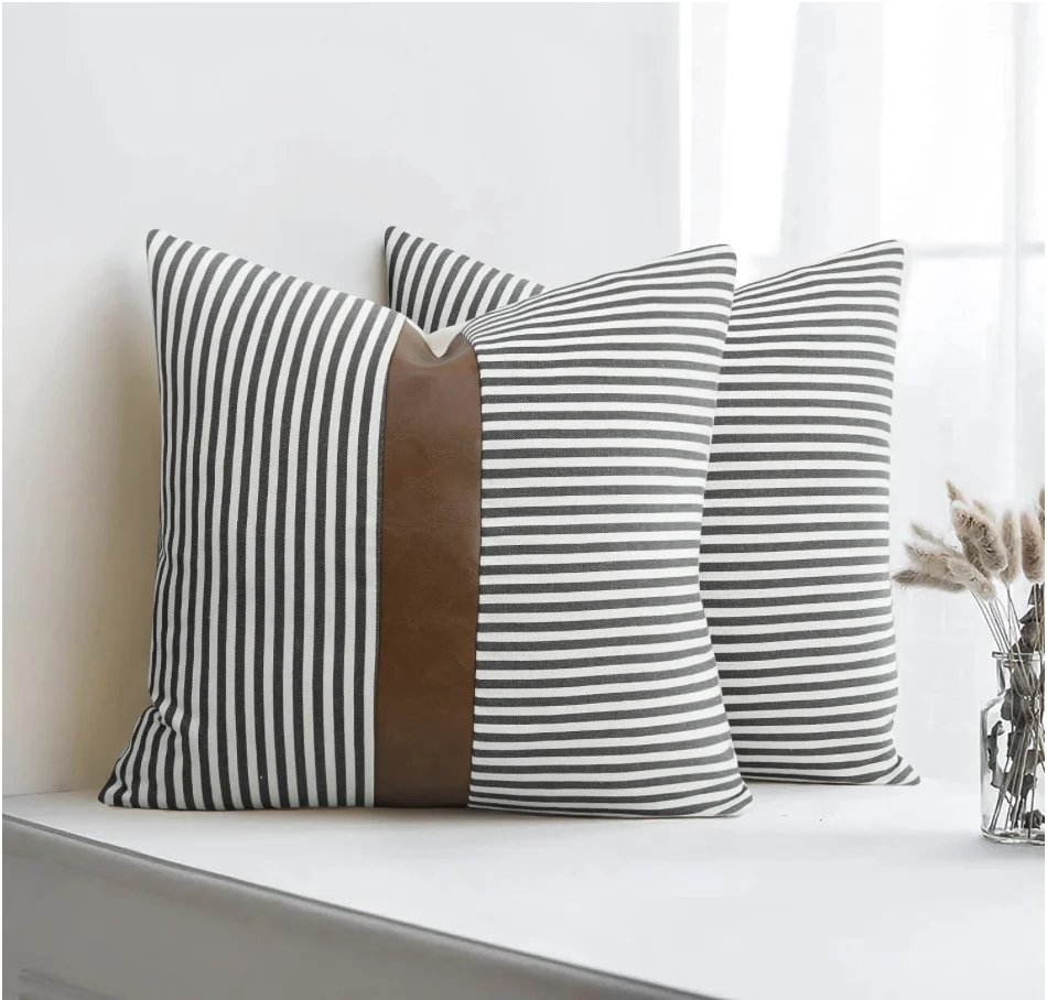 

Decoration Pillow Covers 18x18 inch Set of 2 Modern Faux Leather and Ticking Stripe Pillowcase