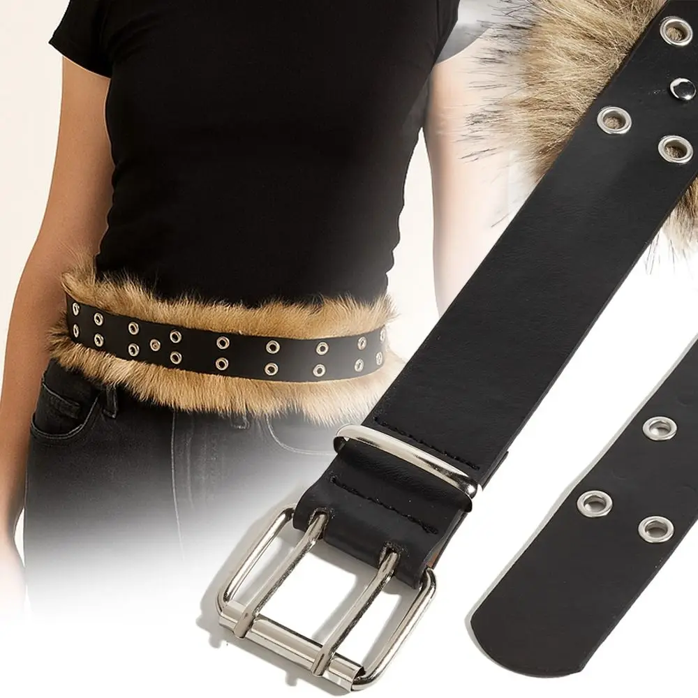 

Vintage Trendy Design Faux Fur Belts Y2K All-match Rivet Buttonhole Belt Punk Waist Belts Women Fashion