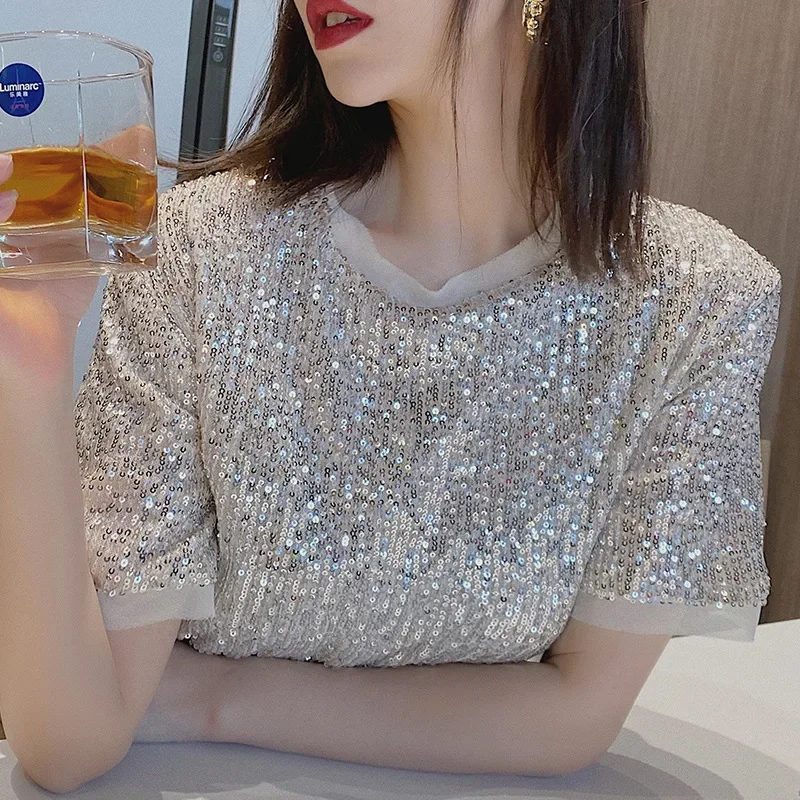 

Женская футболка с блестками, лето 2024, блестящая одежда для тяжелой промышленности с короткими рукавами, Свободный Топ