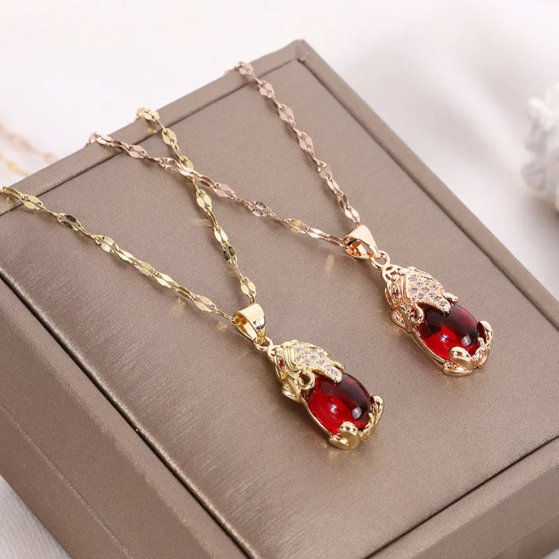 Vintage Ethnic Pixiu Zircon Pendant Necklace Stainless Steel Mythical Animals Choker Jewelry Party Gifts For Women Girls