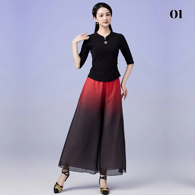 Chinesische Art Gradient Chiffon Tops Hosen Set Square Dance Hose mit weitem Bein Ballsaal Jazz Praxis Tanz Bühne Performance Kostüm