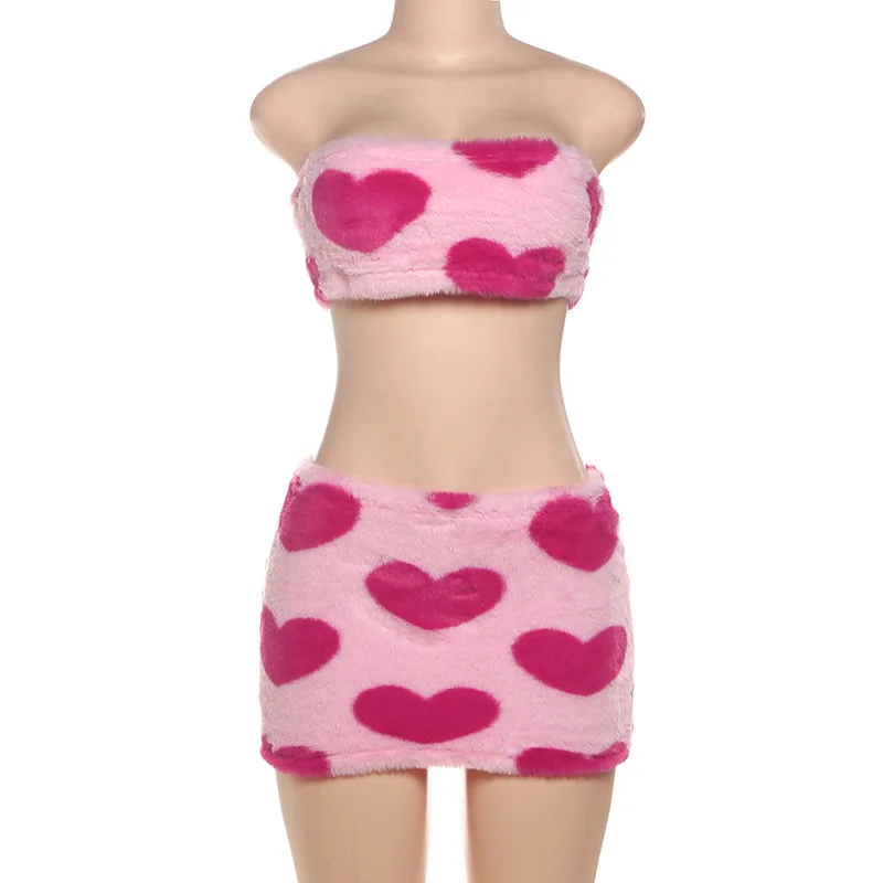 Women Sexy Love Heart Print Furry 2 Piece Set Fall Winter Tube Crop Tops + Bodycon Mini Skirts Party Clubwear Suits Streetwear