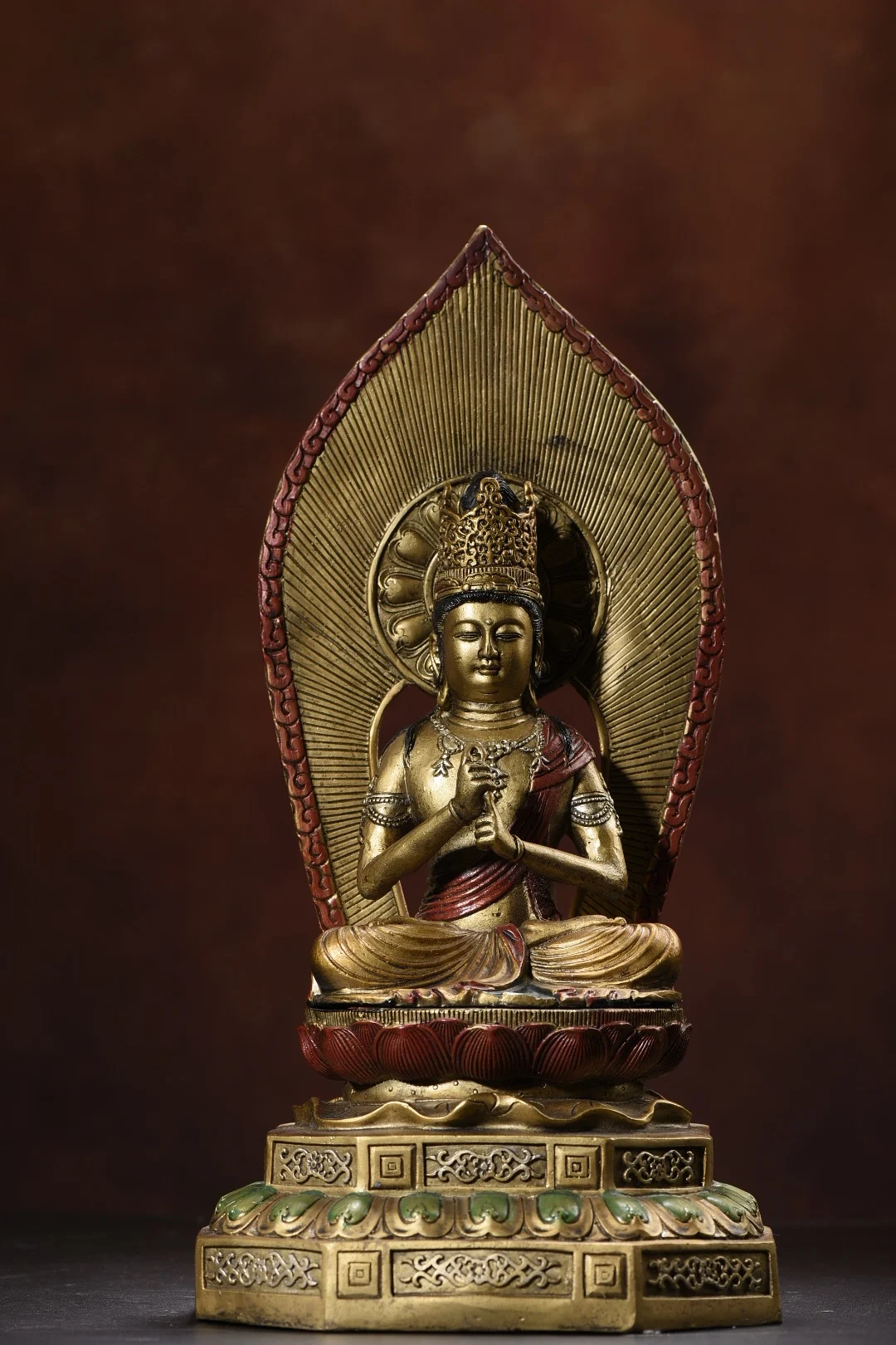 

14"Tibetan Temple Collection Old Bronze Painted Vairocana Piluchana Buddha Backlight Lotus Platform Worship Hall Town house