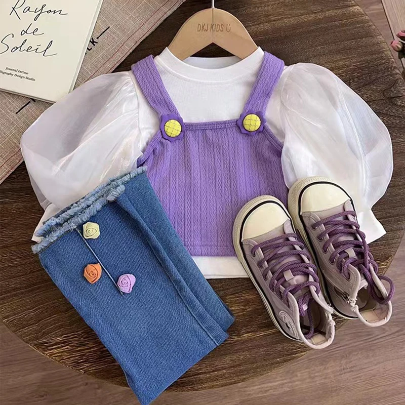 New Spring Autumn Girls Clothing Set Cute Sweet Style Bishop Sleeve Shirt+Jeans+Sling Vest 3Pcs Suit For Kids Children Outfit