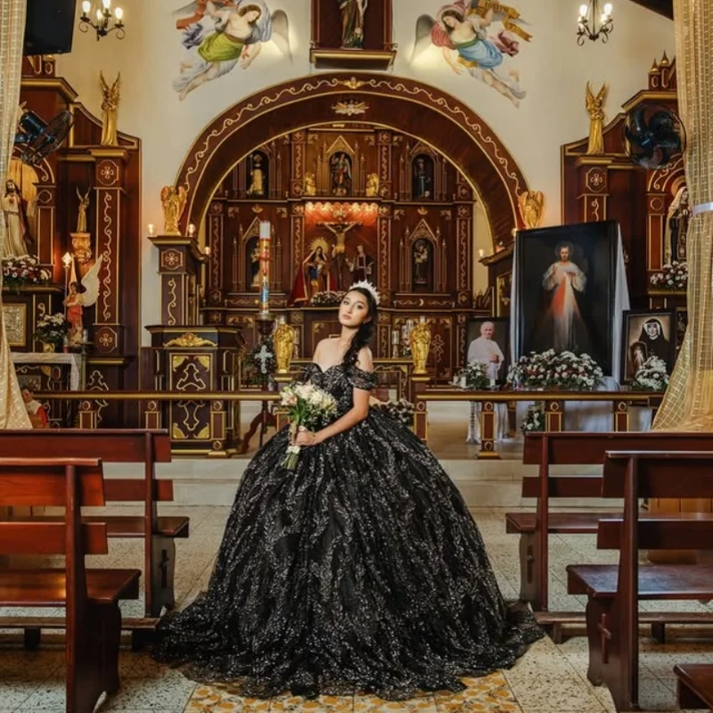 Vestidos De quinceañera negros brillantes personalizados con hombros descubiertos, calcomanía De lentejuelas, Vestido De cola larga De encaje, 15 quinceañera