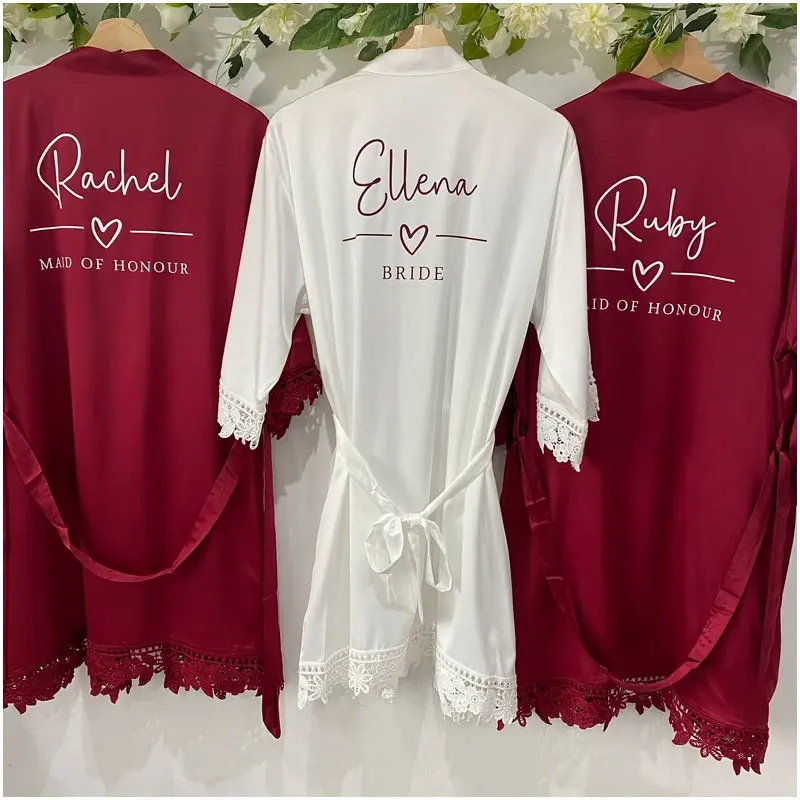 

Personalised Burgundy Bridesmaid Robes Personalised Bride Dressing Gown Bridal Party Lace Silk Robe Satin Wedding Day Kimono New