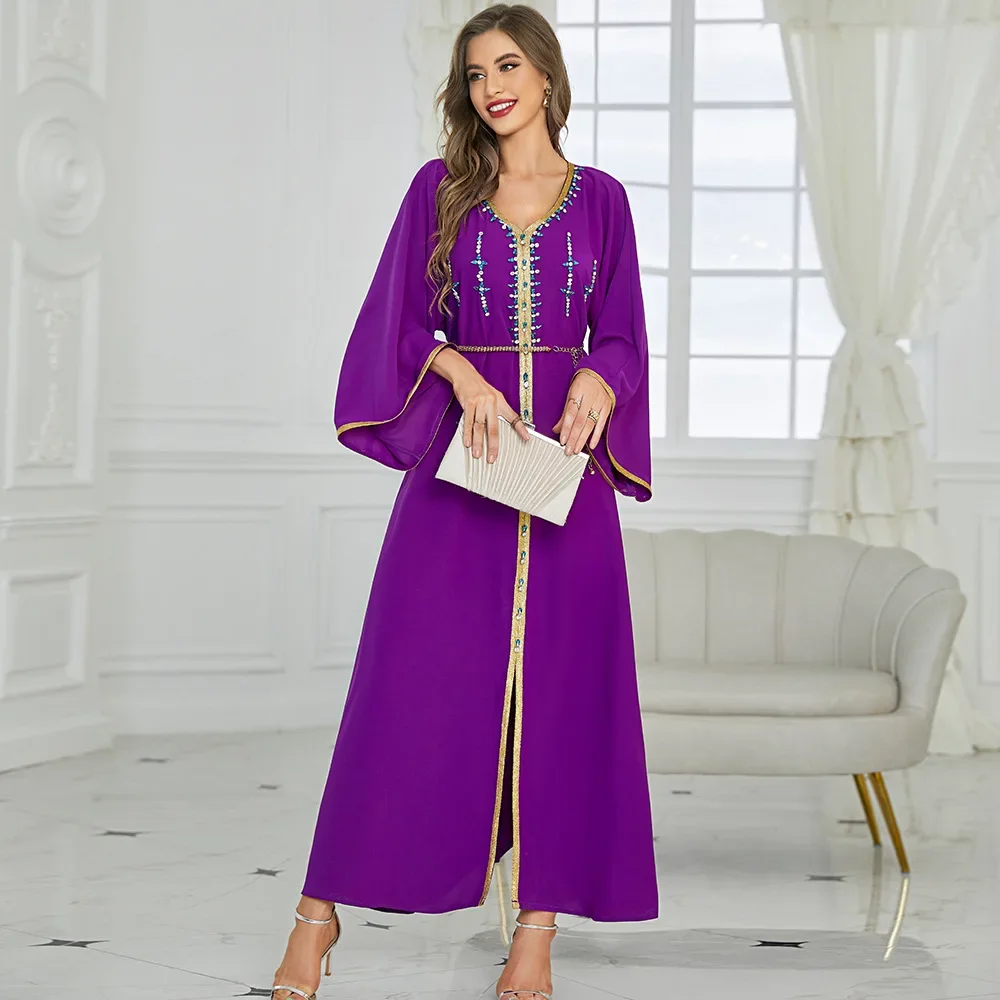 Morocco Middle Eastern Party Abaya Dress for Women Luxury Rhinestone Arab Dubai Turkey Moroccan Caftan Diamond Robe Ramadan