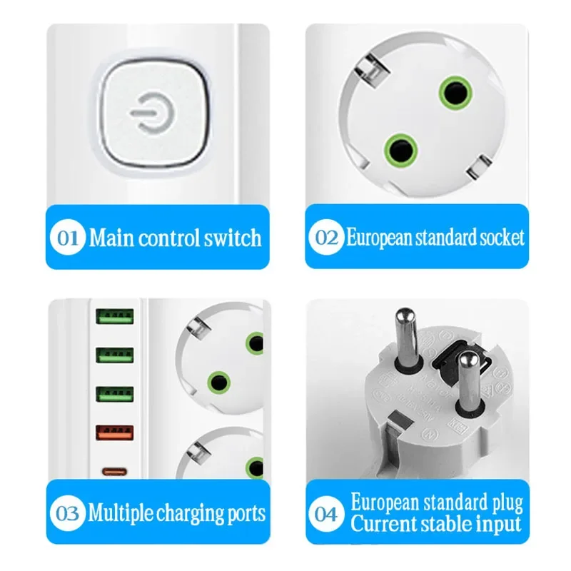 EU Plug Power Strip 3/4/5/6 Socket 2500W Electrical Outlet with 4 USB 1 Type-C Ports 2m Extension Cord Adapter 2.1a Charging