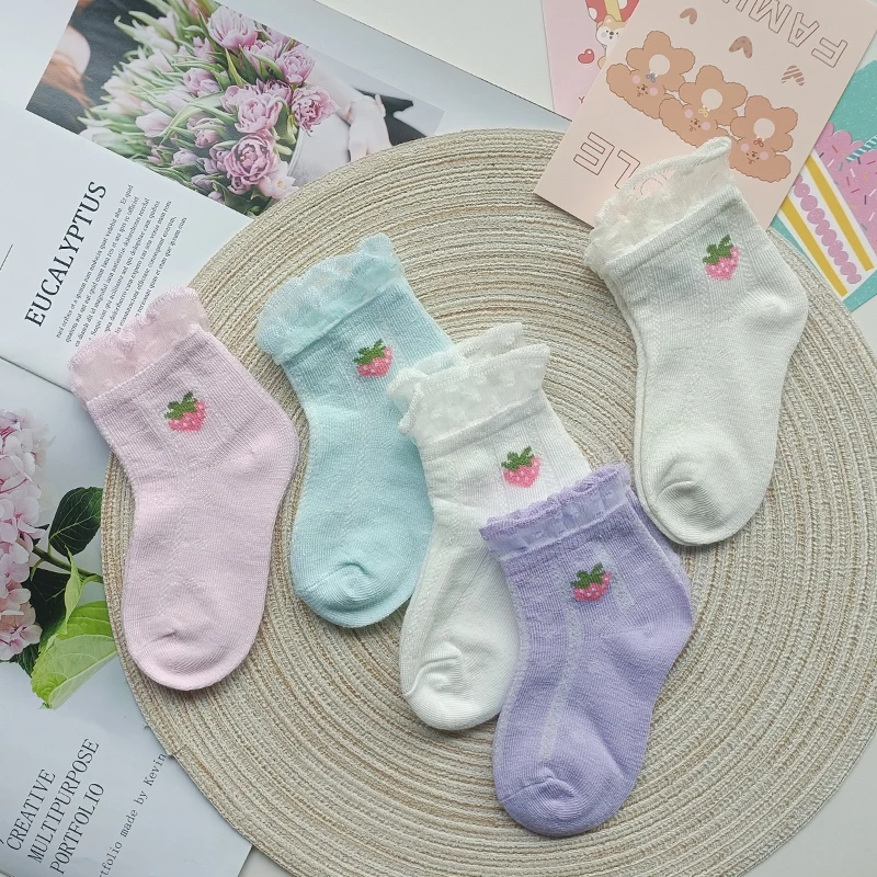 Girls' Socks Thin Children's Short Socks Girls' Baby Spring/Summer Mesh Solid Color Princess Socks 5 Pairs