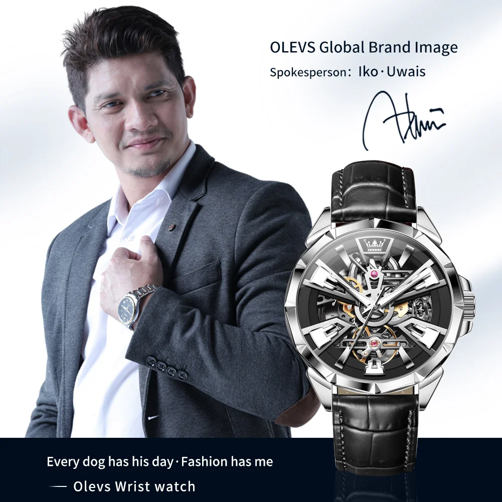 OLEVS 7051 Original Brand Men's Watch Casual Leather strap Waterproof Automatic Mechanical Watch Luminous Skeleton Wristwatch