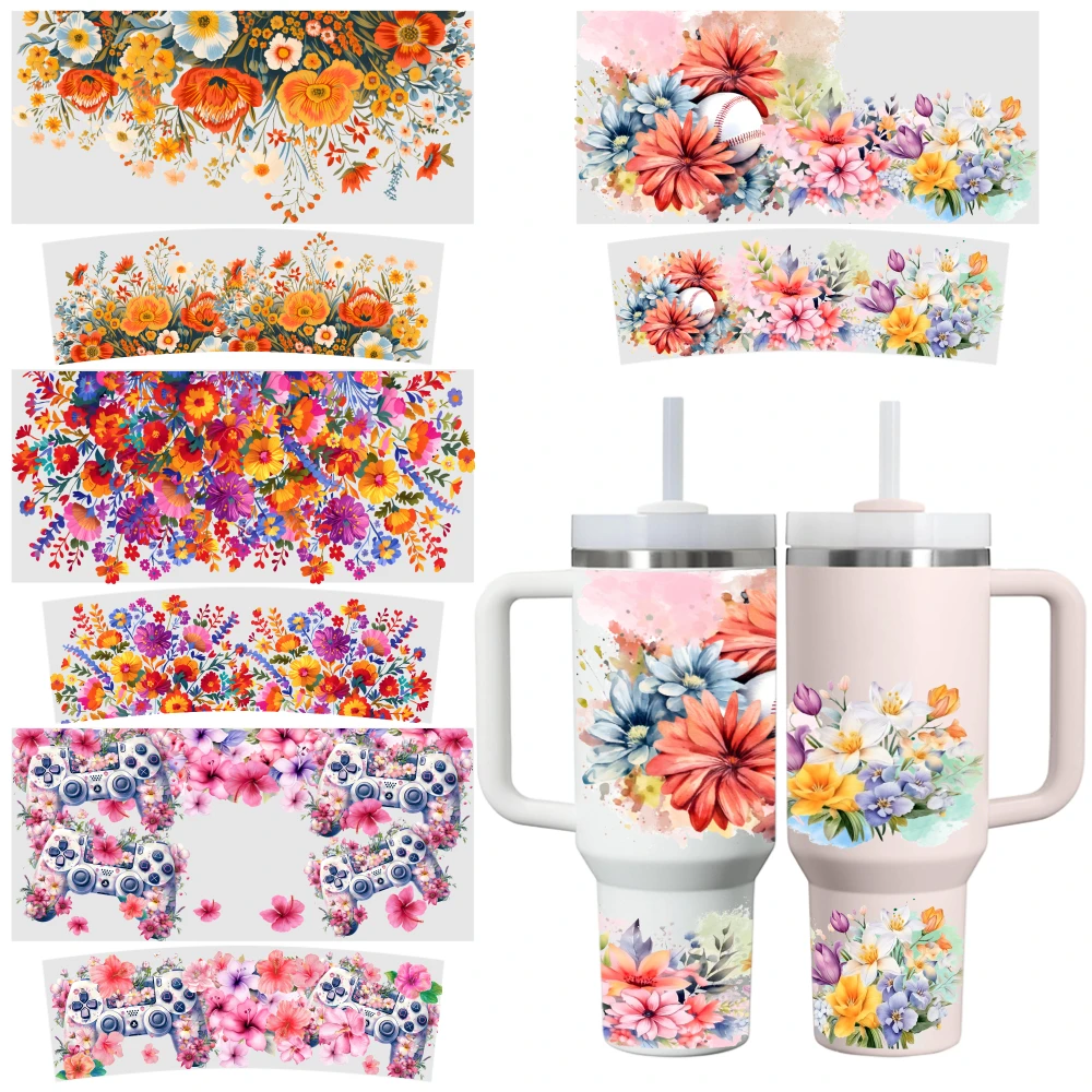 4 Sheets Floral Watercolor Pattern Print UV DTF Stickers for 40oz Tumblers Waterproof DIY Decals Vinyl Decal Set Decorative