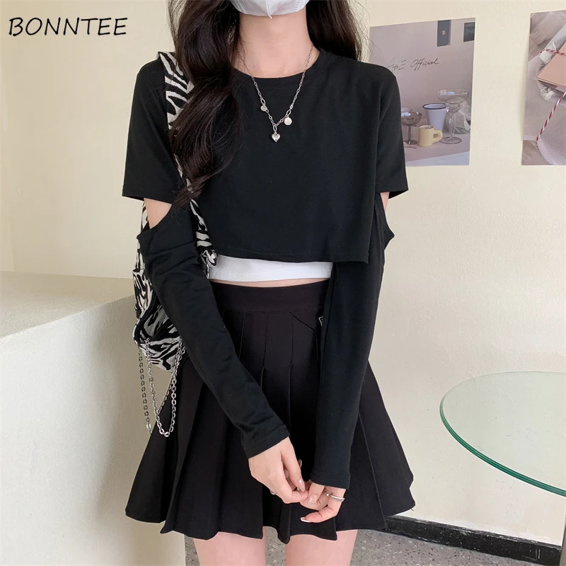 2 Pcs ชุดผู้หญิง Hollow Out Crop Top ออกแบบฤดูใบไม้ผลิหลวมเสื้อยืดเซ็กซี่ Camisole All-Match หนุ่ม Navel Streetwear paneled Retro