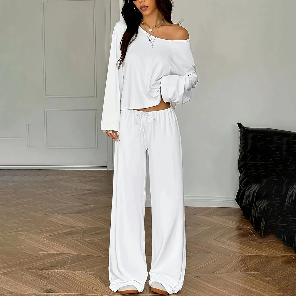 

Summer White 2 Piece Set For Woman 2025 Casual Long Sleeve Crop Top And Wide Leg Pant Sets Women's Outfits Suits