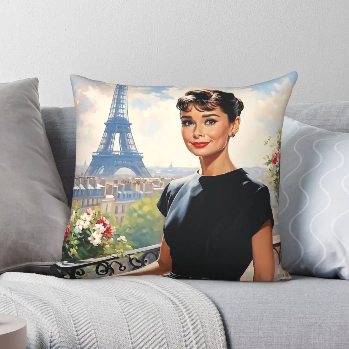 Eiffel Tower Audrey Hepburn Square Pillowcase Polyester Linen Velvet Creative Zip Decorative Throw Pillow Case Bed Cushion Cover
