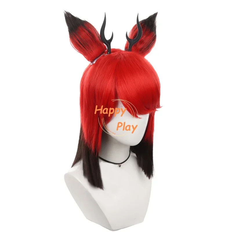 Alastor Cosplay Wig Red Black Short Wig With Ear Unisex Cosplay Anime Wigs Heat Resistant Synthetic Hair Alastor Cos Accessory