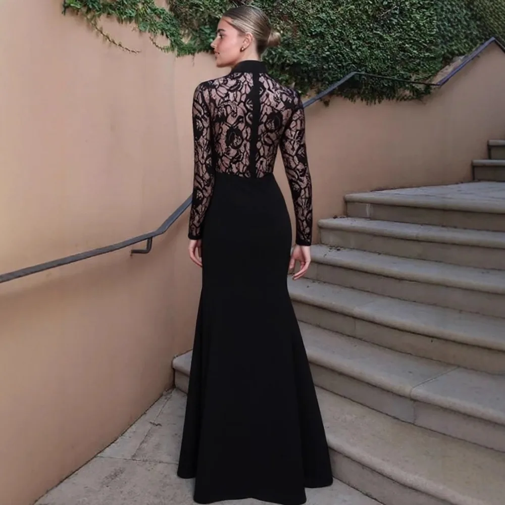 Vestido de noche elegante de sirena negra de manga larga, vestidos de fiesta de boda modestos de satén de encaje para mujer