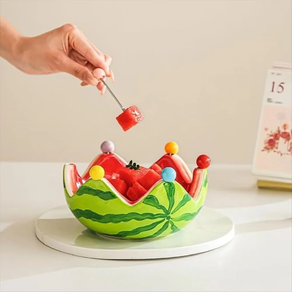 

Watermelon Fruit Bowl With 6 Stainless Steel Forks Ceramic Salad Bowl Fruit Plate Large Funny Decorative