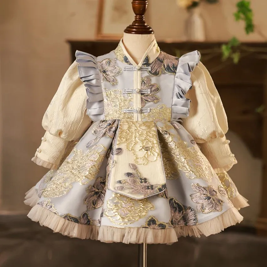 

New Children's Chinese Style Evening Gown Long Sleeve Design Wedding Birthday Baptism Host Performance Party Girls Dress A3272