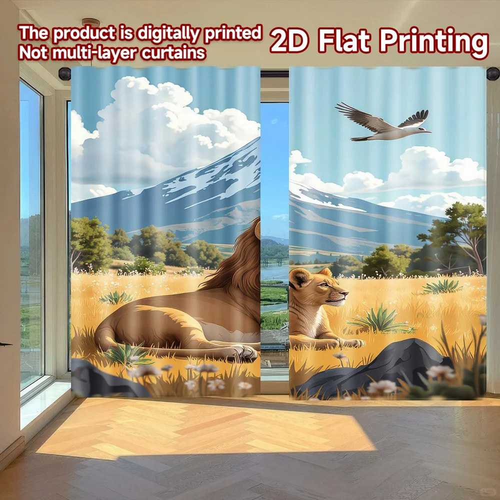 

2D flat printing 2pcs Scene Curtains Lions Resting in Meadow Digital Printed Polyester Drapes Birthday Party for living room