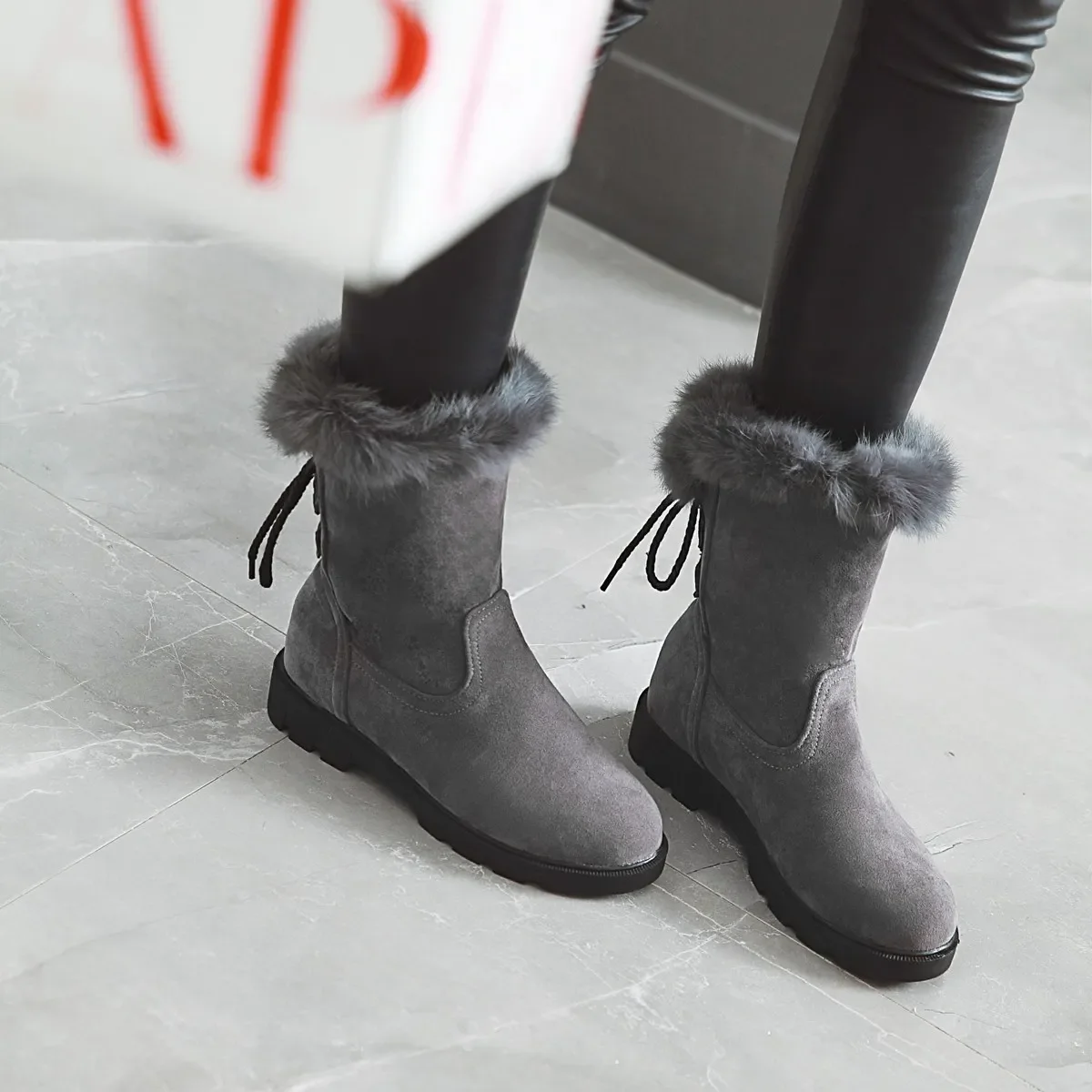 2024 new autumn winter women ankle boots plus size 22-26.5cm Microfibe round toe Lamb wool lace up warm short boots women shoes