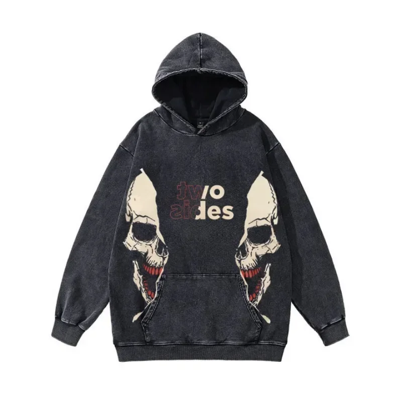 Skull Print Retro Hoodie Women High Street Trend Gothic Sweatshirt Y2K Sweater Ins Loose Couple Street Hooded Sweatshirt Man
