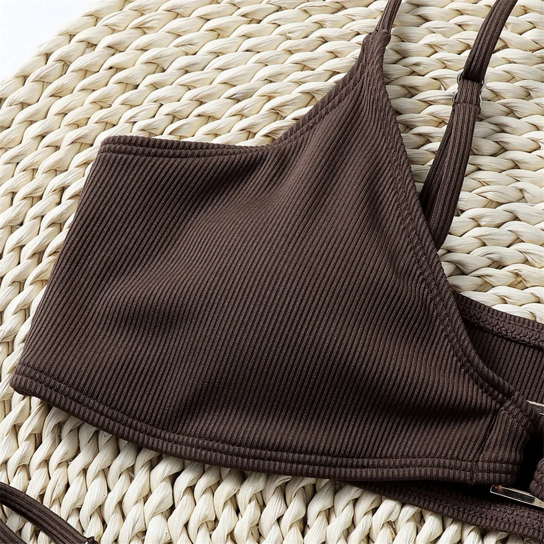 Sexy, gerippter, hoch geschnittener Bikini, Damen-Badeanzug, zweiteiliger Bikini mit Polsterung, Badebekleidung, Badeanzug für Damen, V3456. – Detail 11