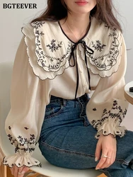 BGTEEVER Fashion Ruffled Collar Embroidery Printed Female Shirts Tops Spring Long Sleeve Single-breasted Women